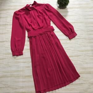 Vintage Fuchsia Pleated Long-Sleeve Midi Dress
